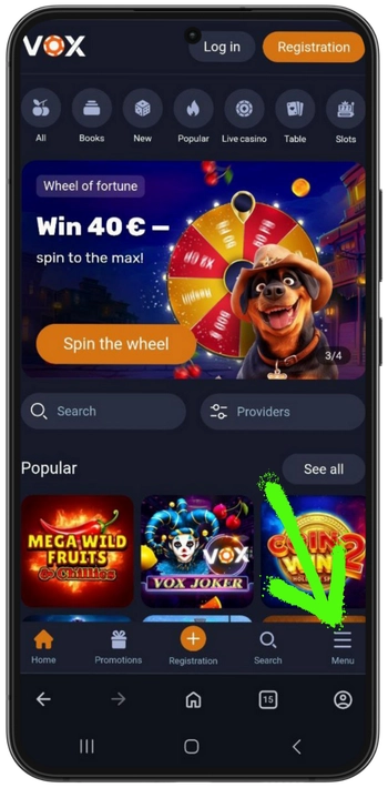 Vox Casino Meniu mygtukas